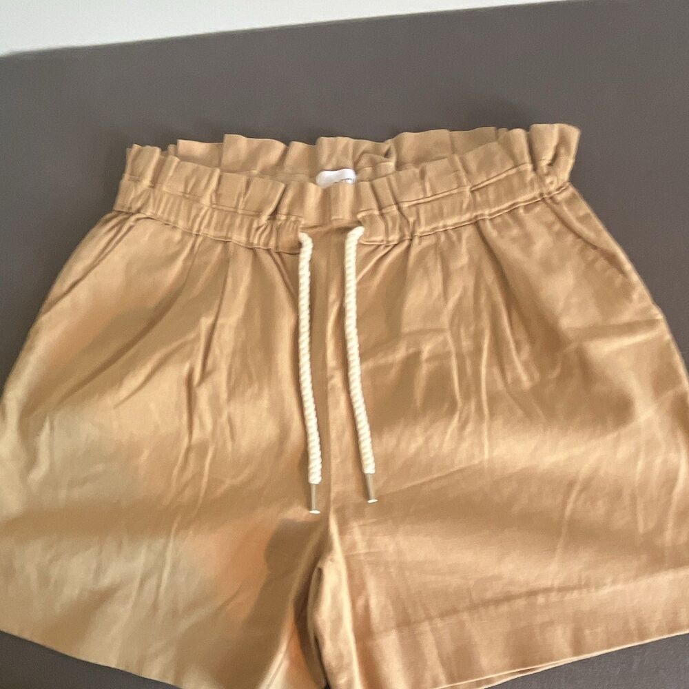 Ecru Women’s Paperbag High Rise Cotton Shorts Pockets Elastic Waist Beige S